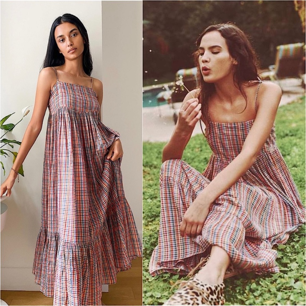 THE GREAT 70s Square Neck Sleeveless Plaid Empire Waist Ruffle Hem Midi Dress M